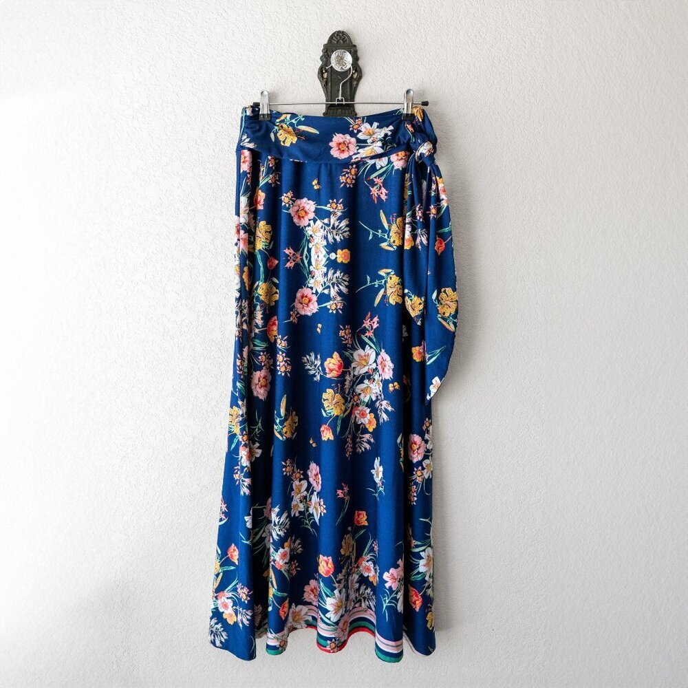Robert Louis Skirt Sz M Blue Floral Maxi Long Length Sash Tie Waist Flowy Boho